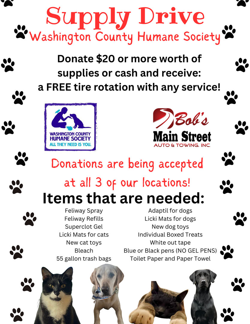 June Promotion: Washington County Humane Society Supply Drive